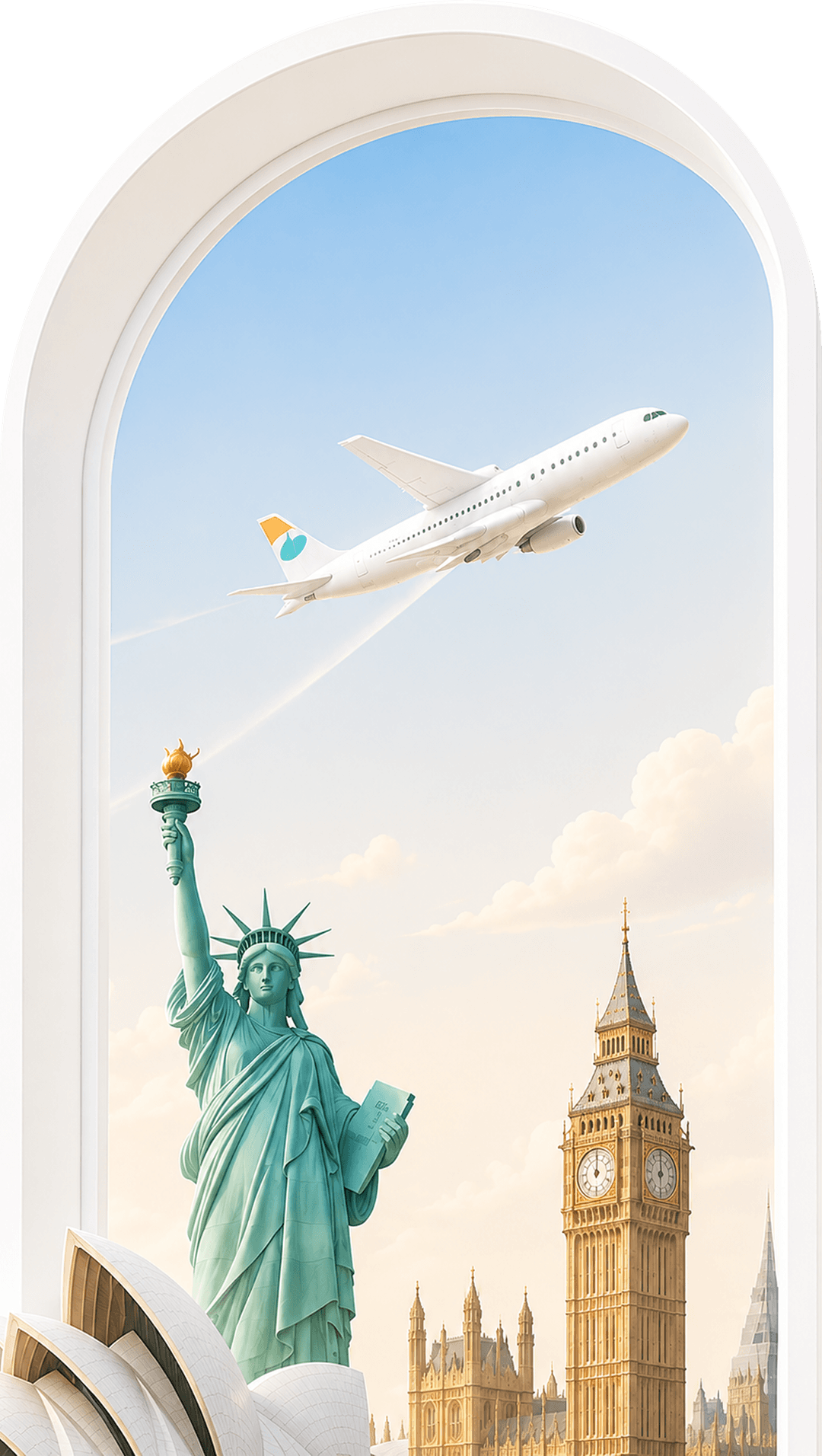 Study abroad destinations with airplane and landmarks